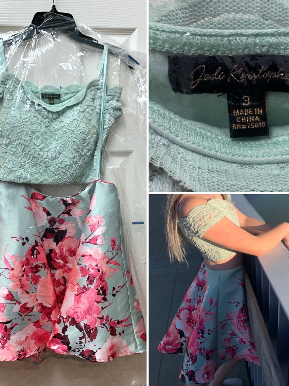 Jodi Kristopher Mint Lace Off-Shoulder Crop Top with Pink Floral Skirt